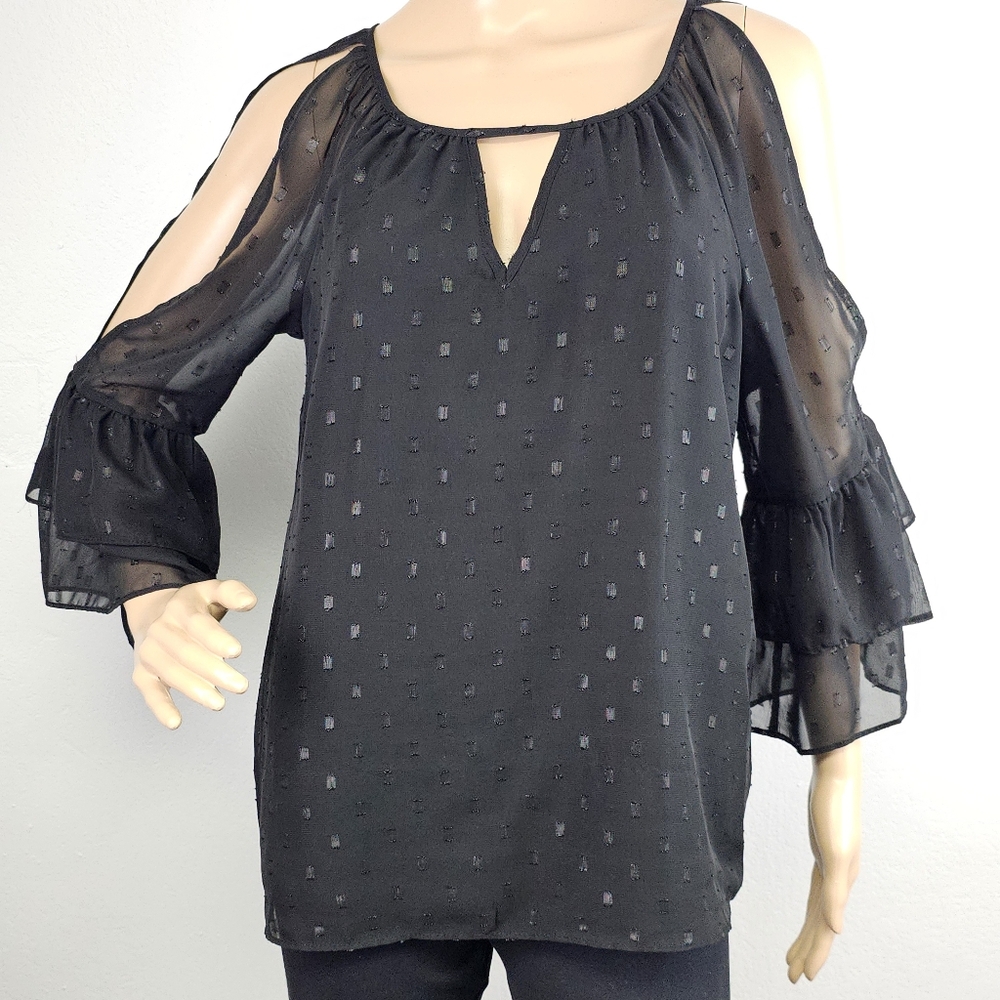 IZ Byer Black Sheer Blouse Cold Shoulder Sz Med Dark Romantic Whimsigoth